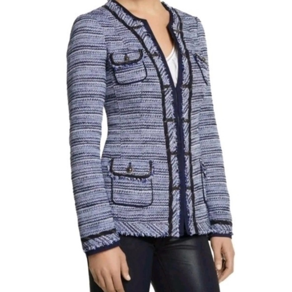 White House Black Market Blue Tweed Blazer Size 4 Fringe Trim Career Preppy Chic